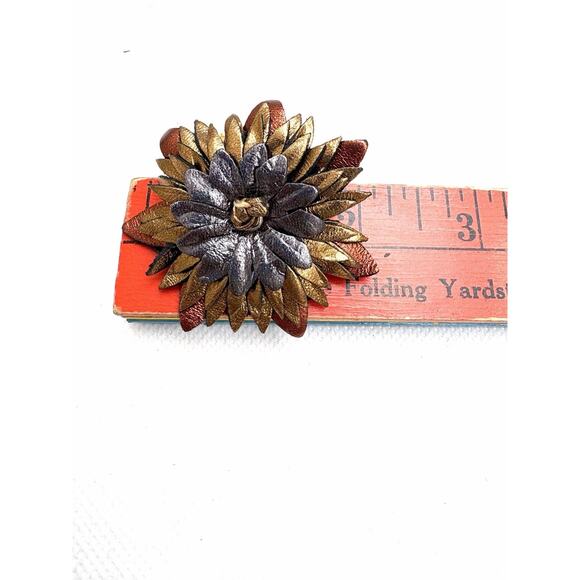 Colette Malouf Metallic Leather Flower Hair Clip Barrette Bronze Gold Signed main image 5